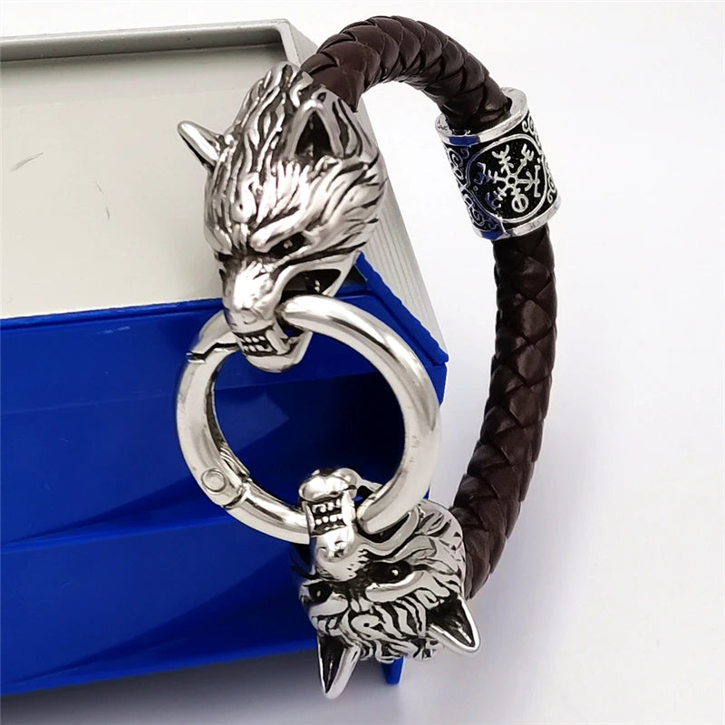 Viking rune bead Wolf Head Bracelet Stainless Steel Animal head Leather Bracelet For Women men gift