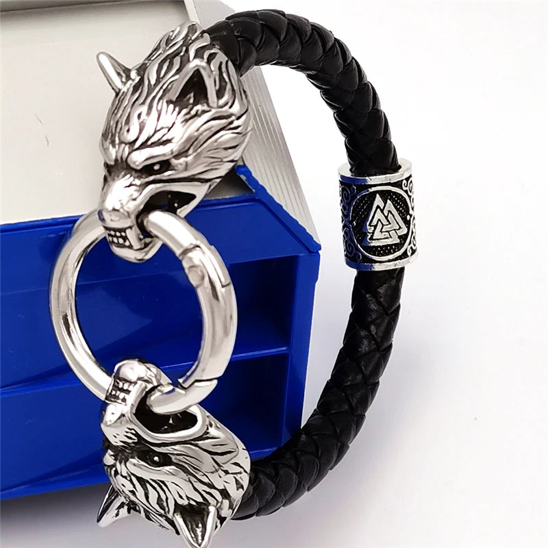 Viking rune bead Wolf Head Bracelet Stainless Steel Animal head Leather Bracelet For Women men gift