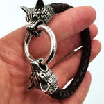Viking rune bead Wolf Head Bracelet Stainless Steel Animal head Leather Bracelet For Women men gift