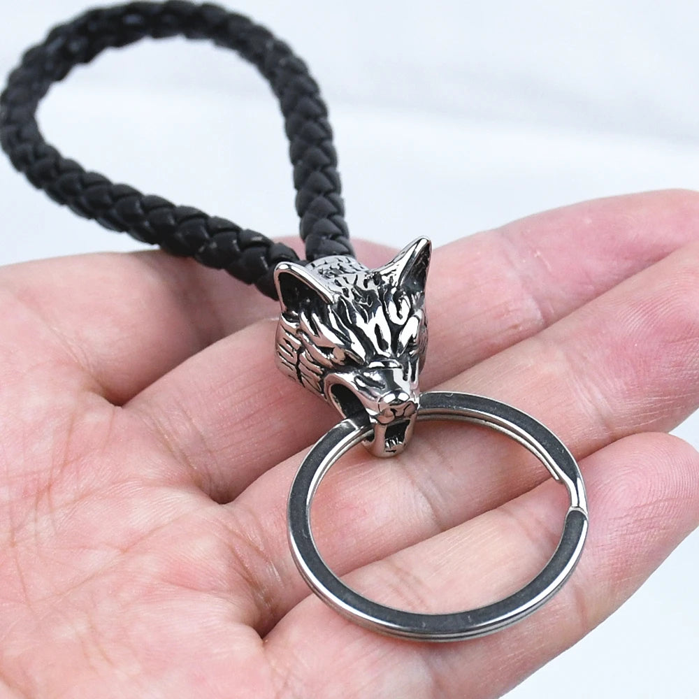 1Pcs Stainless Steel Wolf Amulet Jewelry PU Braided Woven Leather Keychain Viking Accessories Key Ring For Knife Car Decoration
