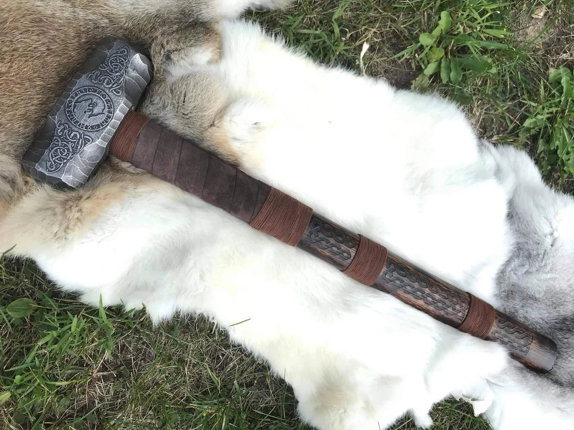 Large Viking Wolf Berserker Hammer Hand Engraved Burned and Carved