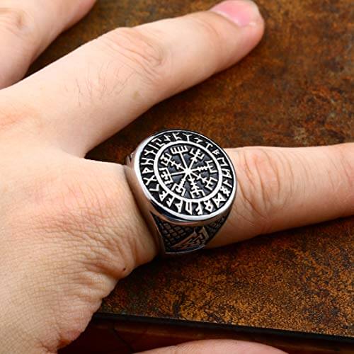 Gold Trimmed Viking Compass Vegvisir Ring With Runes