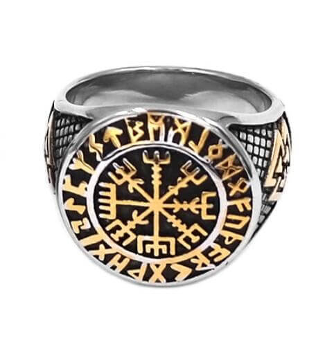 Gold Trimmed Viking Compass Vegvisir Ring With Runes