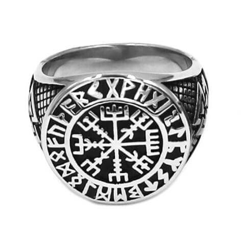 Gold Trimmed Viking Compass Vegvisir Ring With Runes