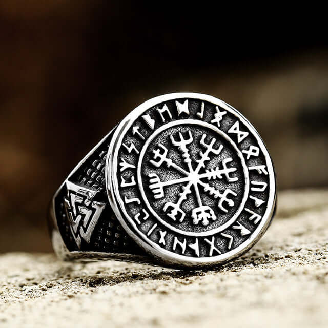 Gold Trimmed Viking Compass Vegvisir Ring With Runes