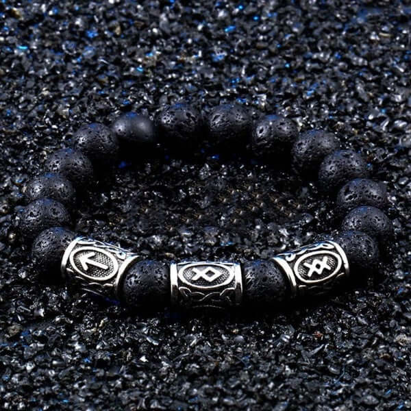 Black Lava Stone Bracelet with Futhark Runes