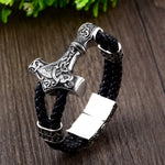 Thor's Hammer-Runes-Leather Bracelet