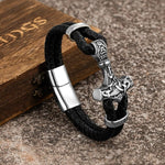 Thor's Hammer With Runes Leather Bracelet