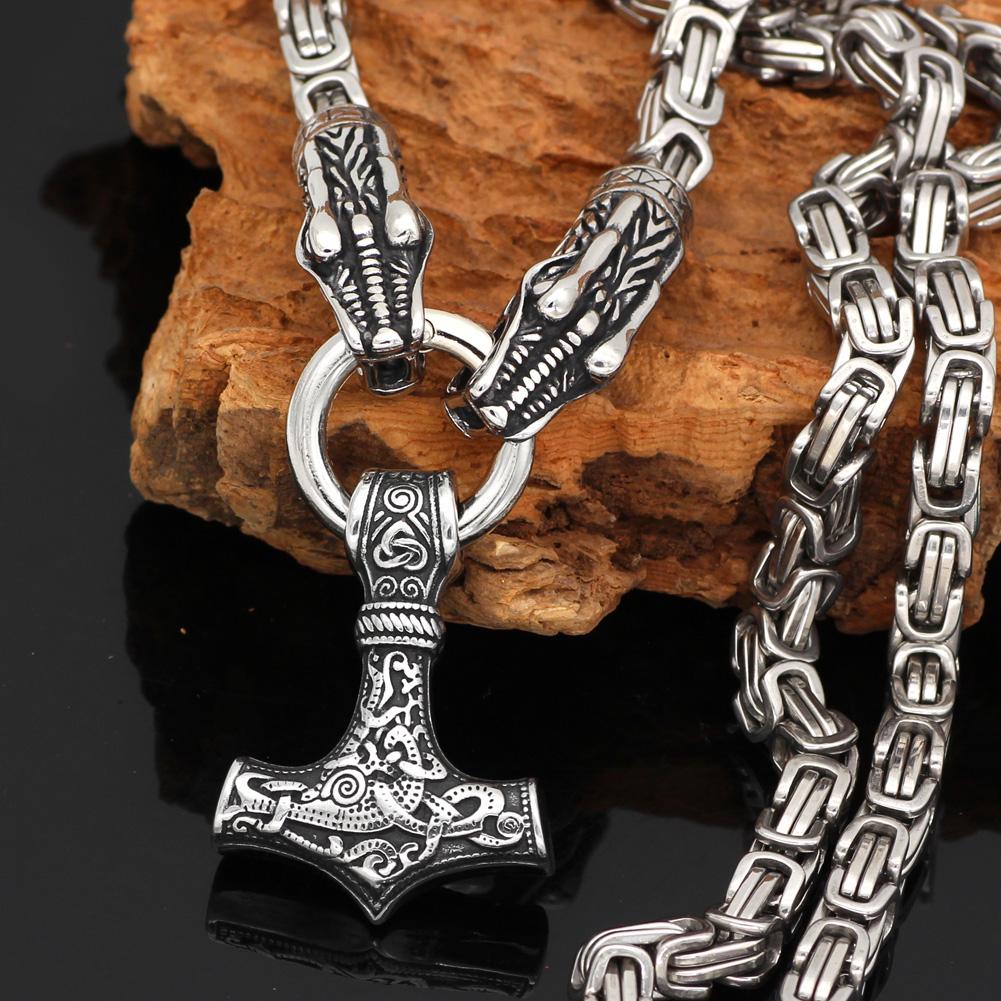 King Chain With Dragon Heads & Mjolnir Pendant